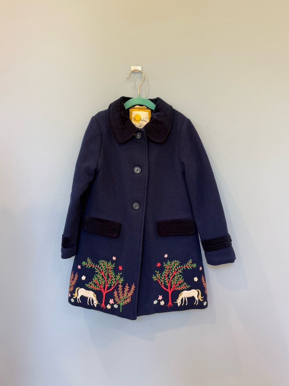 Mini Boden Girls' Navy Unicorn Embroidered Wool Coat with Velvet Trim